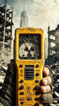 In a Post-Apocalyptic Landscape, A Character Holds a Radiation Detector Amidst the Ruins of a City with a Towering Structure in the Background