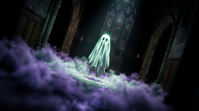 Cute glowing ghost character in a cathedral featuring floating sheet phantom, dark gothic hall and purple mystical smoke, symbolizing halloween celebration and spooky atmosphere
