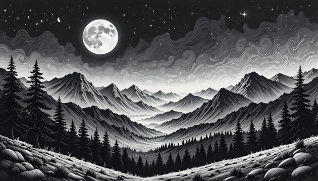A detailed and traditional woodcut engraving of a mountain range by night. A large, stylized full moon is high in a dark, clear sky filled with a dense cluster of tiny stars. Intricate black and white