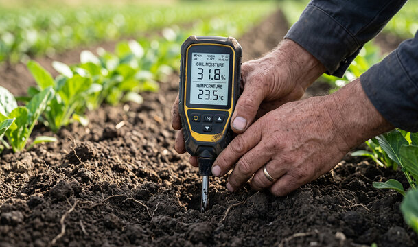 Farmer hands testing soil moisture and temperature with a digital meter sensor in an agricultural crop field