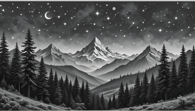 A serene and detailed woodcut-style engraving of a majestic mountain range at night. A large, stylized full moon hangs in a dark sky filled with swirling patterns and fine stars. The print is rendered