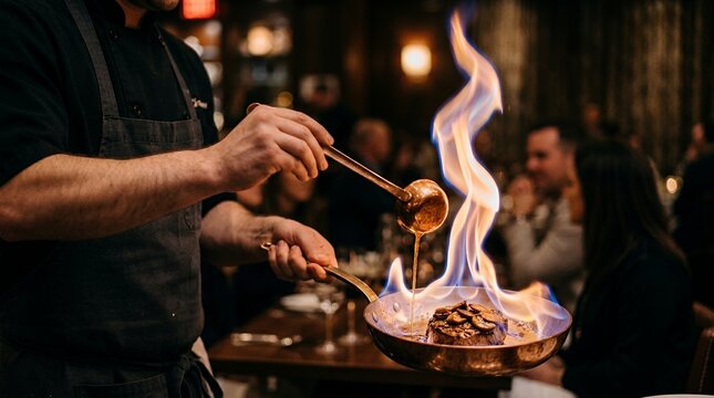 Professional Chef Flambeing Steak in Restaurant Pan