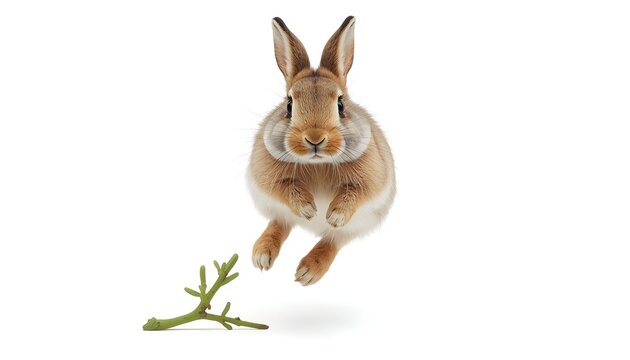 Cute Fluffy Wild Rabbit Hopping Mid Air Isolated on White.
