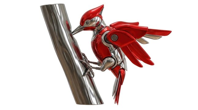Red and chrome robotic woodpecker on a metal branch.