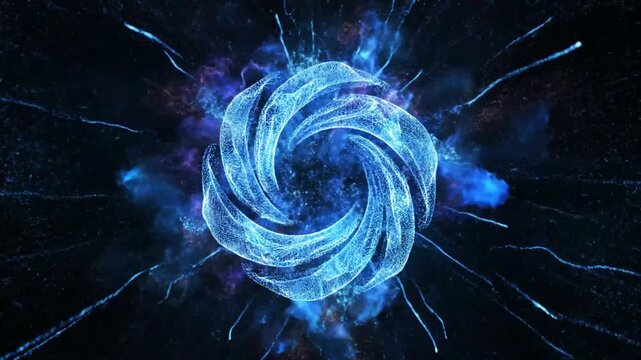 Abstract particle energy explosion animation forming a beautiful swirling circular design with blue light and sparkling dots