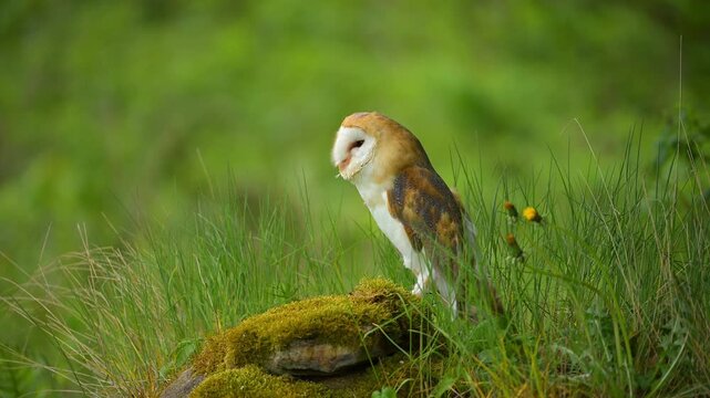 Schleiereule (Tyto alba), sitzt auf einem bemoosten Stein und beobachtet seine Umgebung