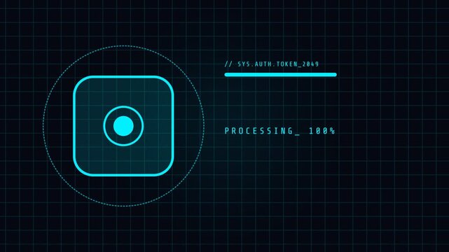 Digital verification process, glowing neon icons and text on a dark grid background, seamless loop, symbolizing authentication and cybersecurity