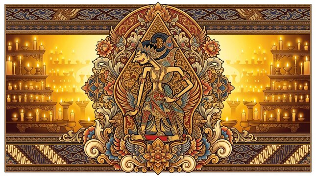 Ornate Javanese Wayang Puppet with Candlelit Background