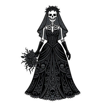 Skeleton Bride in Black Gothic Wedding Dress