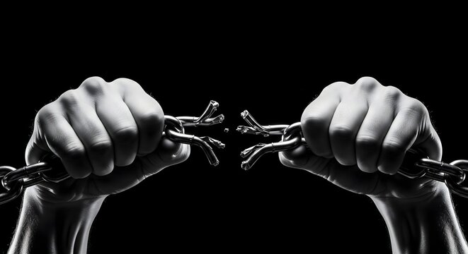 Human hands breaking a heavy metal chain against a dark background