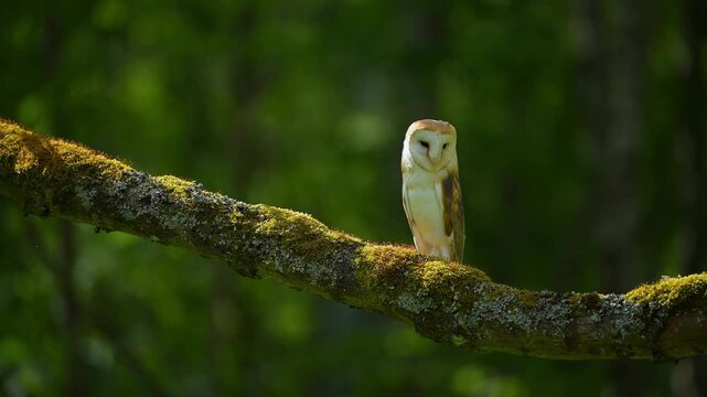 Schleiereule (Tyto alba), sitzt auf einem Ast und beobachtet