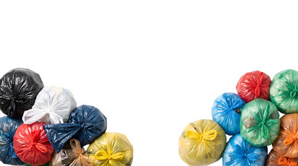Obraz premium Colorful tied plastic garbage bags piled in bottom left and right corners isolated on transparent background ecology recycling concept 