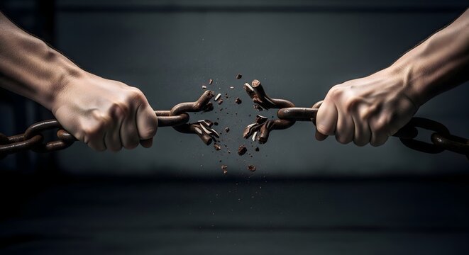 Human hands breaking a heavy metal chain symbolizing strength and freedom