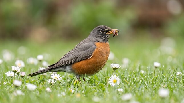 American Robin Bird Standing on Green Grass with White Daisies and Holding a Worm in Its Beak