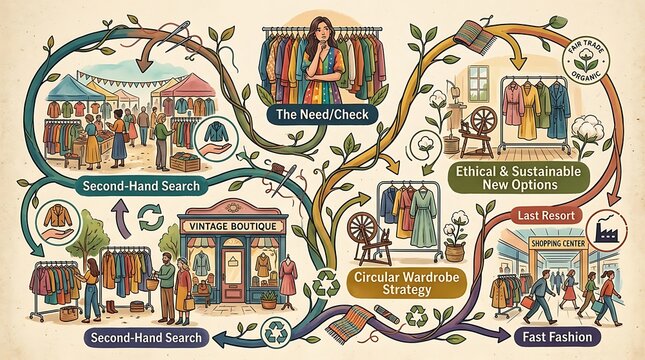 Sustainable fashion journey flowchart illustrating circular economy