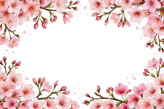 Pink cherry blossom flowers frame background, spring sakura floral border isolated on white background
