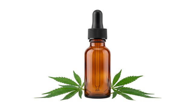 Amber Glass Dropper Bottle with Fresh Cannabis Leaves Isolated on Pure White Background