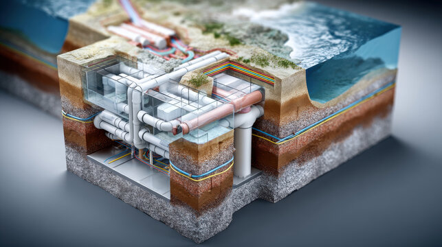 Isometric underground infrastructure showing pipe networks beneath earth and water