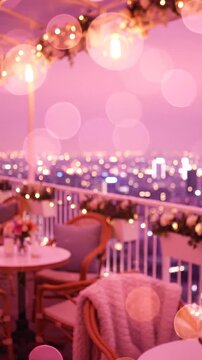 A Serene Evening Terrace with Soft Lighting Overlooking a City Skyline, Creating a Romantic Ambiance for Relaxation and Enjoyment
