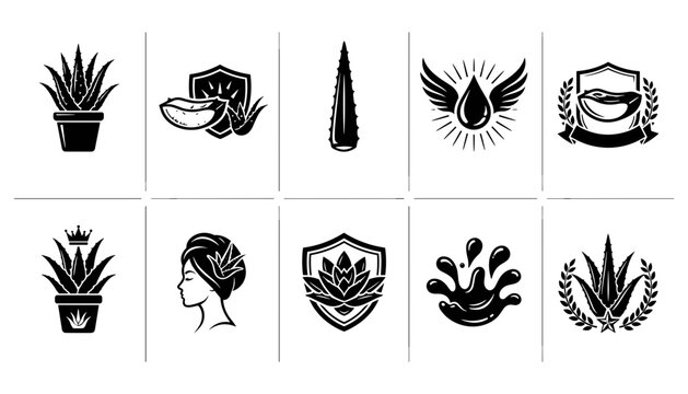 Collection of Eight Black and White Botanical and Wellness Icons Featuring Aloe Vera, Shield, Leaf, Wings, Dro