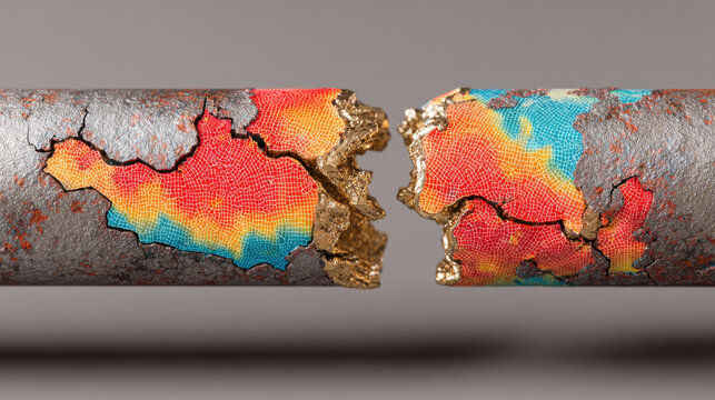 Metal pipe showing crack propagation failure analysis