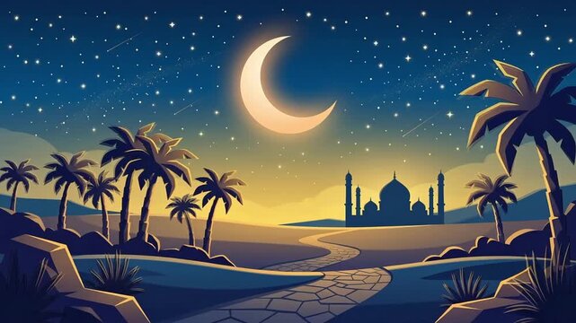 Mystical cartoon style ramadan night background with glowing crescent moon and mosque silhouette