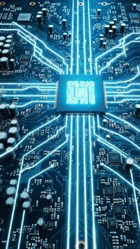 Stunning Close-Up of a Circuit Board Showcasing Intricate Design and High-Tech Components with Light Flowing Through Electrical Pathways
