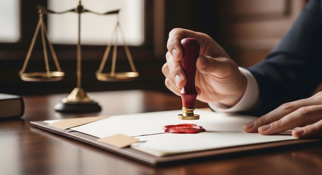 Lawyer stamping a document with red wax seal in a law office courtroom