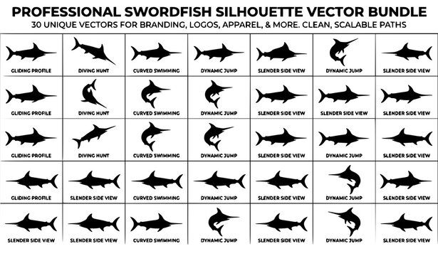 Professional Swordfish Silhouette Vector Illustration Bundle with Black Marine Wildlife Icons for Seafood and Nautical Designs