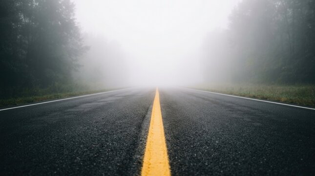Empty Asphalt Road Disappearing into Foggy Haze with Yellow Line.