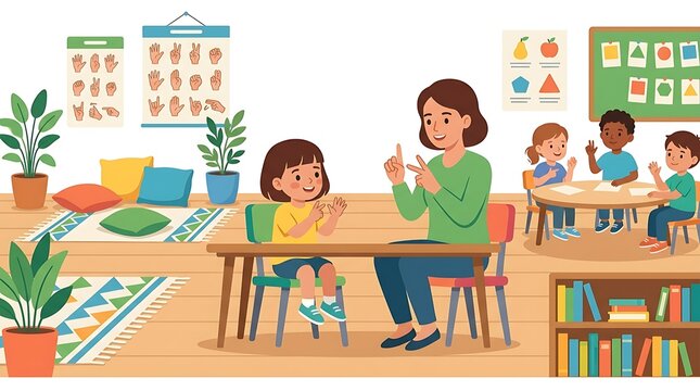 Teacher teaching sign language to a young student in a classroom
