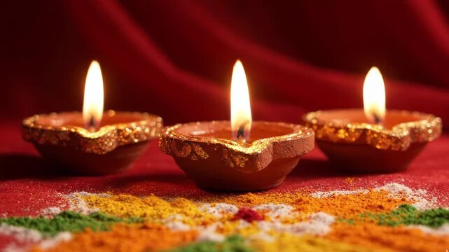 Three traditional clay diya lamps lit for diwali festival celebration