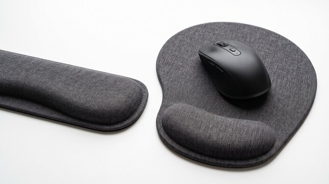 Ergonomic dark gray mouse pad with wrist rest and matching wrist support, comfortable computer accessories for office work and gaming, essential desktop setup for productivity and health.
