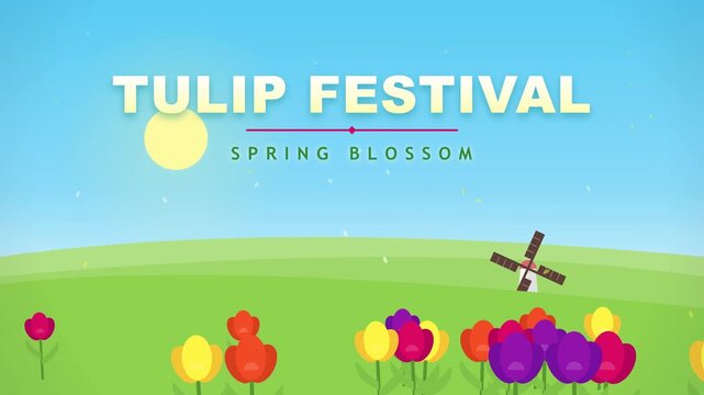 Colorful Animated Flowers Blooming in Green Field with Windmill