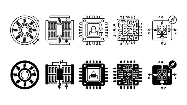 Gyroscopic Sensor Line and Solid Icon Pack For UI. Accelerometer, DSP Chip, Axis Sensor, Microchip, System - Clean and Editable Vector Icon Set