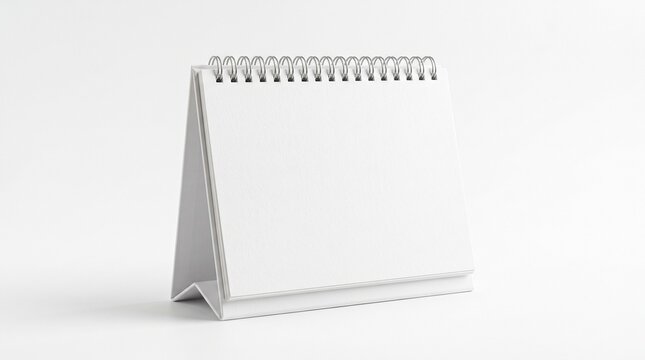 Blank white desk calendar, a clean spiral-bound tabletop planner for custom branding; minimalist office stationery for scheduling and time management.