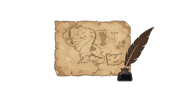 Ancient parchment map with inkwell and feather quill