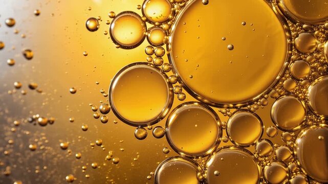 Close-up view of golden yellow oil bubbles suspended in liquid, forming abstract shapes with light reflections. Perfect for wellness, skincare, chemistry, or essential oil themes, 4K video