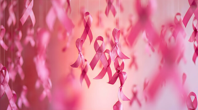 A cascade of pink ribbons hanging as a symbol of breast cancer awareness and support