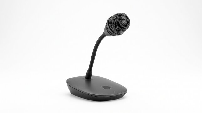 Professional black desktop microphone, a sleek communication tool for podcasting and broadcasting. Modern audio equipment for clear voice recording and public speaking.