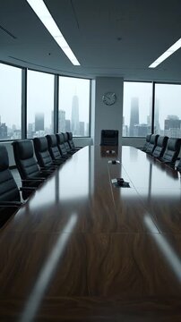 A Modern Conference Room with Large Windows Overlooking a Cityscape on a Foggy Day, Featuring Stylish Chairs and a Central Table for Meetings and Discussions