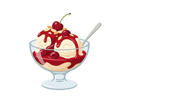 Cherry sundae with almonds in a glass bowl on white background