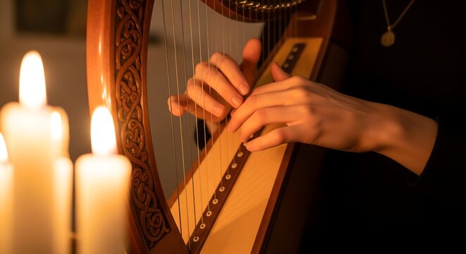 Musician hands playing a wooden celtic harp by candlelight in a dark room