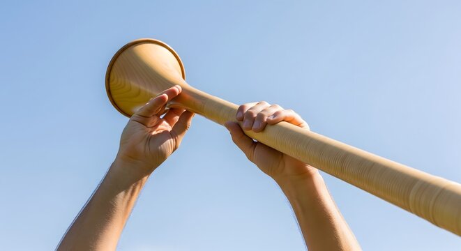 Musician holding a wooden alphorn against a clear blue sky outdoors