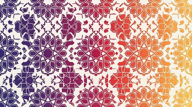 Intricate geometric repeating pattern with symmetrical interlocking star shapes rendered in vibrant purple to orange gradient.