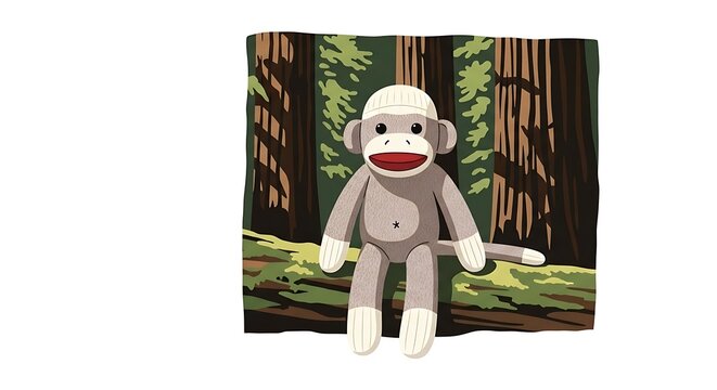 Cute Sock monkey sitting on a mossy log in a forest illustration