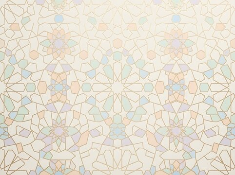 Delicate pastel geometric pattern with complex islamic star shapes on cream colored background for artistic textile design projects.