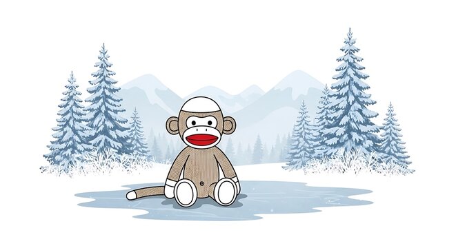 Sock monkey character sitting in a snowy winter mountain landscape