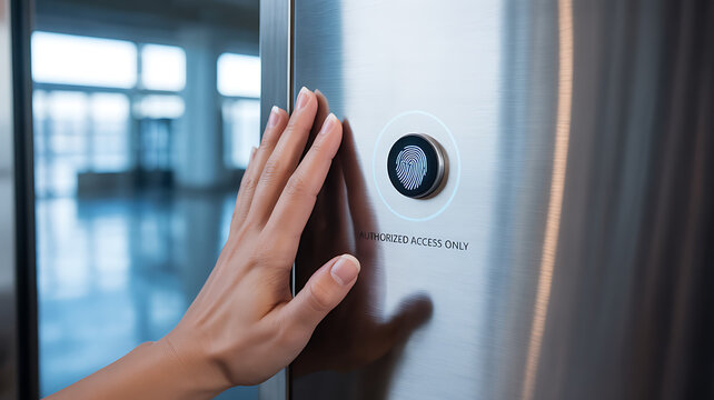 Hand activating smart home security sensor on modern refrigerator door