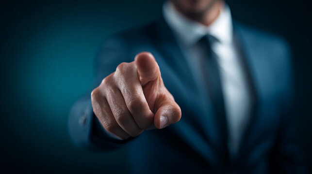 Business professional pointing forward in leadership gesture. Confident male executive directing team strategy with decisive hand signal.